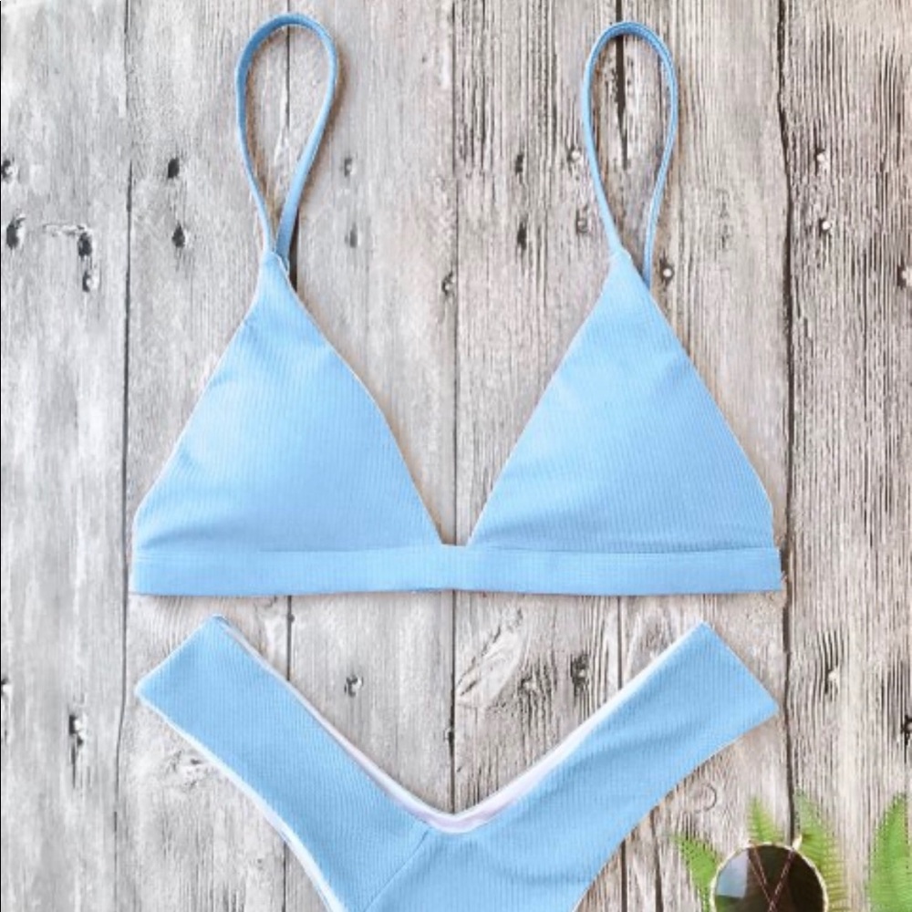 Zaful Plunge Padded Textured High Cut Bikini Set